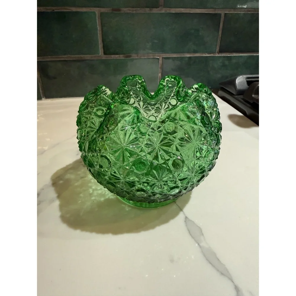 Green Daisy Button Glass Rose Bowl Vase with Ruffled/Crimped Rim Candle Holder